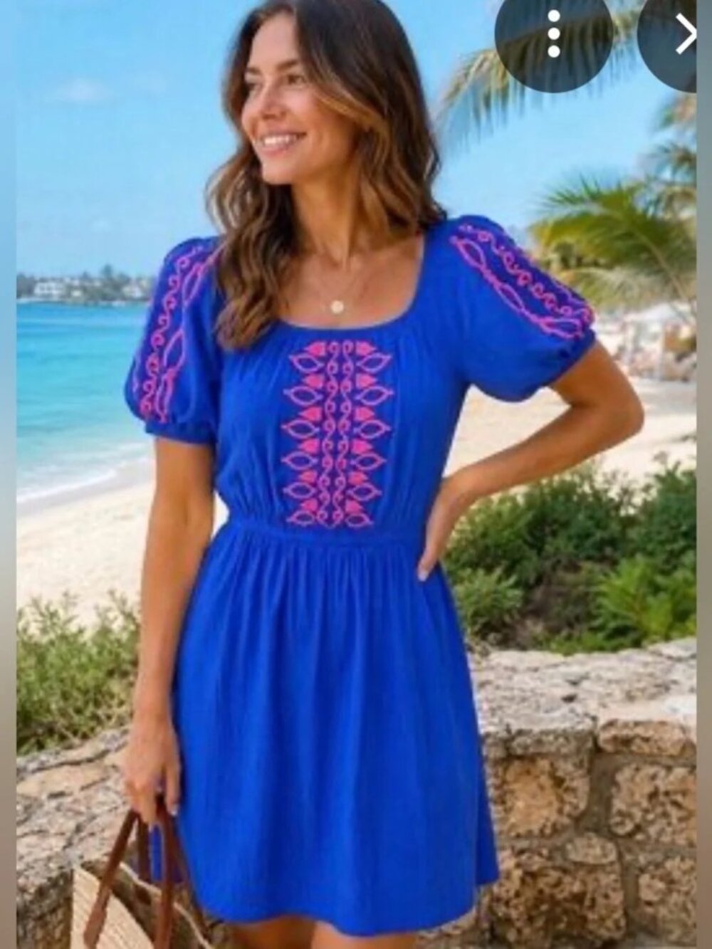 Blue Embroidered Short-Sleeve Dress with Pink Accents Size XL